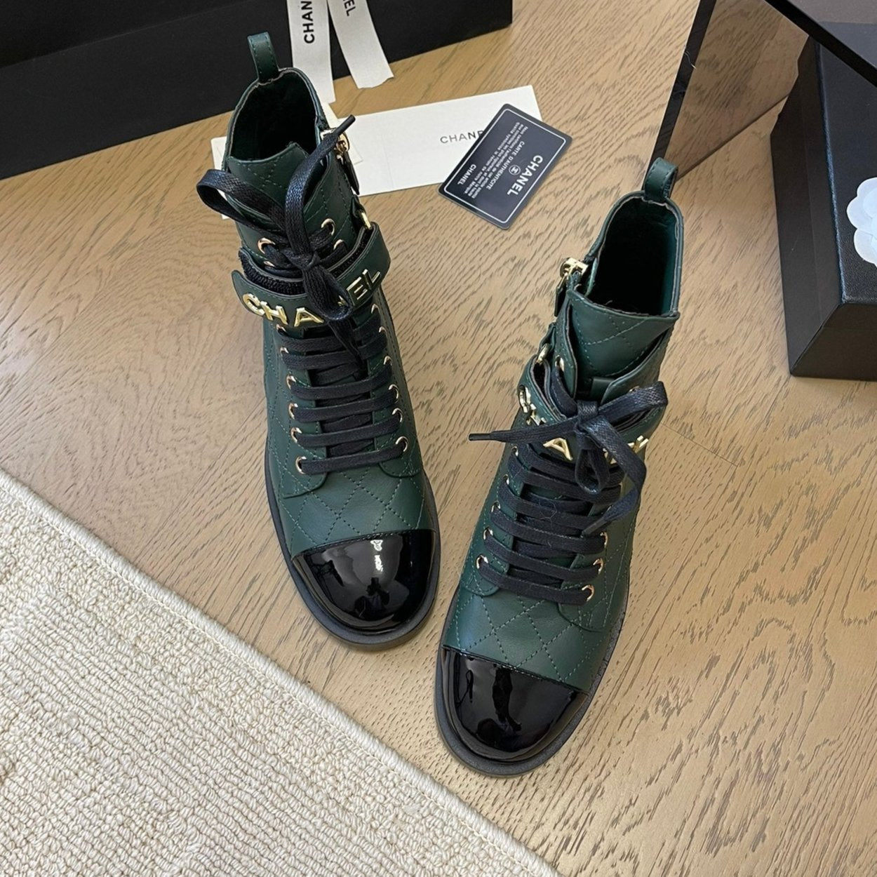 CHANEL ALPHABET MARTIN BOOTS IN FOREST GREEN LAMBSKIN