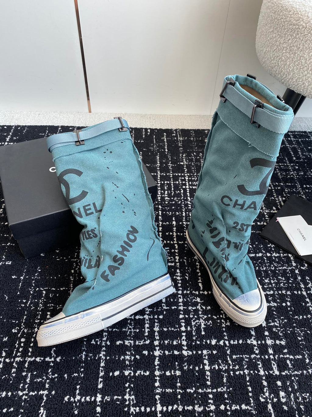 CHANEL HIGH BOOTS IN SAPPHIRE BLUE CANVAS