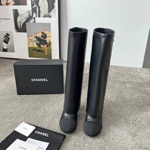 CHANEL 25S HIGH BOOTS 55MM IN BLACK CALFSKIN AND CANVAS GOLD HARDWARE